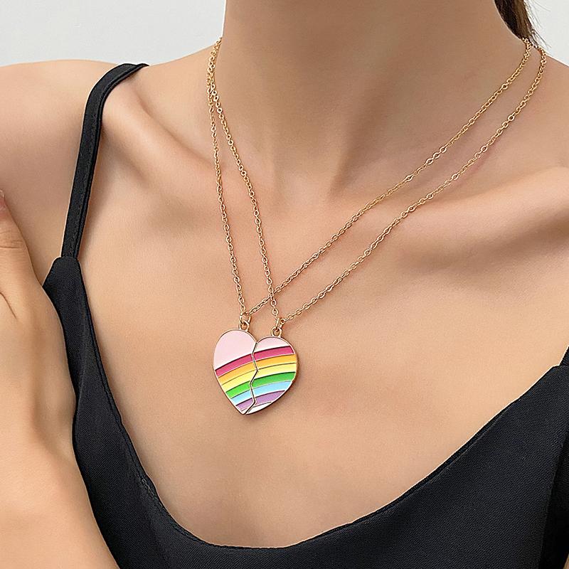 2Pcs Ins Style Heart Rainbow Stitching Necklace Fashion Pendant Alloy Clavicle Chain For Children Best Friend Jewelry Gifts