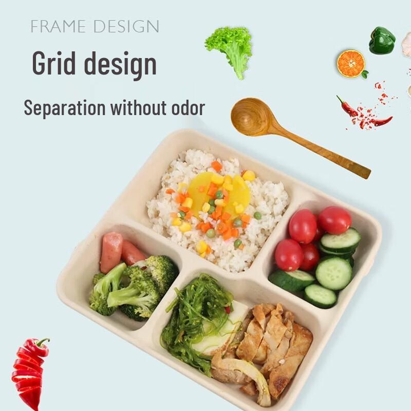Degradable Sugarcane Pulp 4-Compartment Takeaway Meal Box with Lid