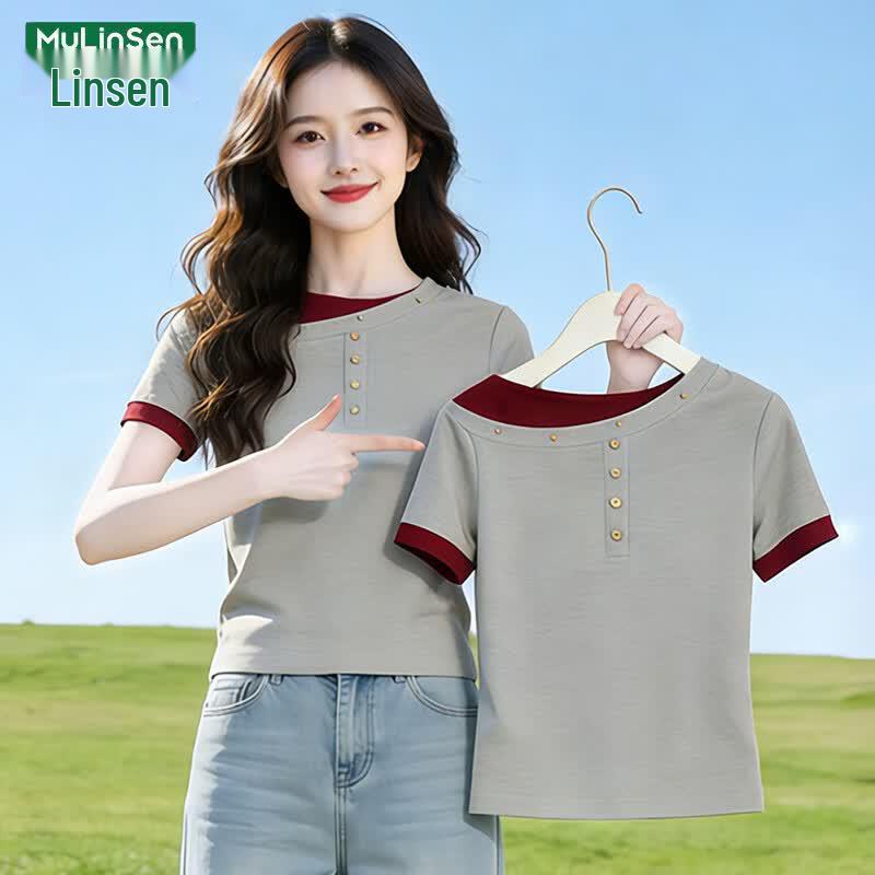 MULINSEN Women s Faux Two-Piece Color Block Short Sleeve T-Shirt XL