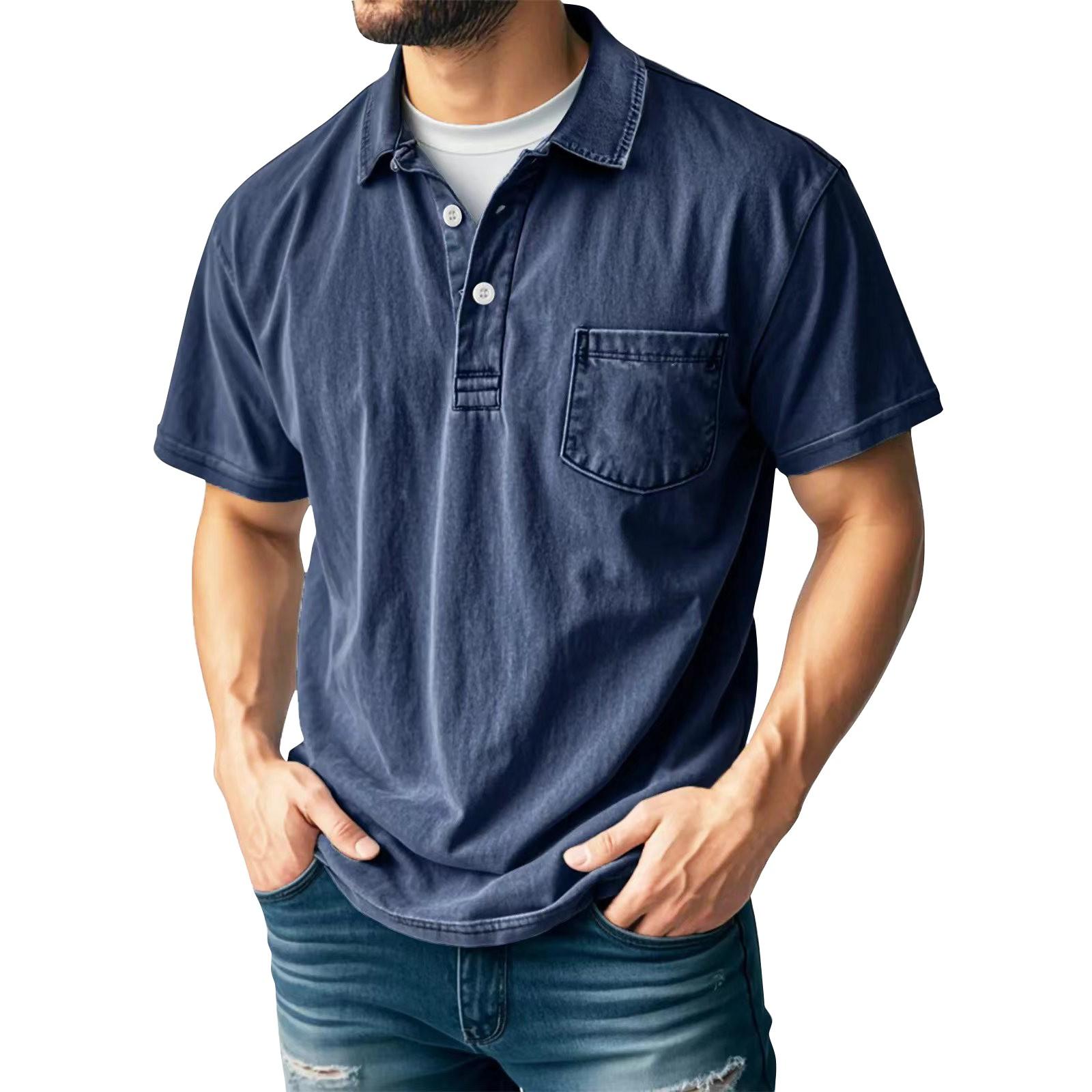 

Men s Summer Color Vintage Button Lapel Pocket Short Sleeve Shirt Tops M Темно-синій