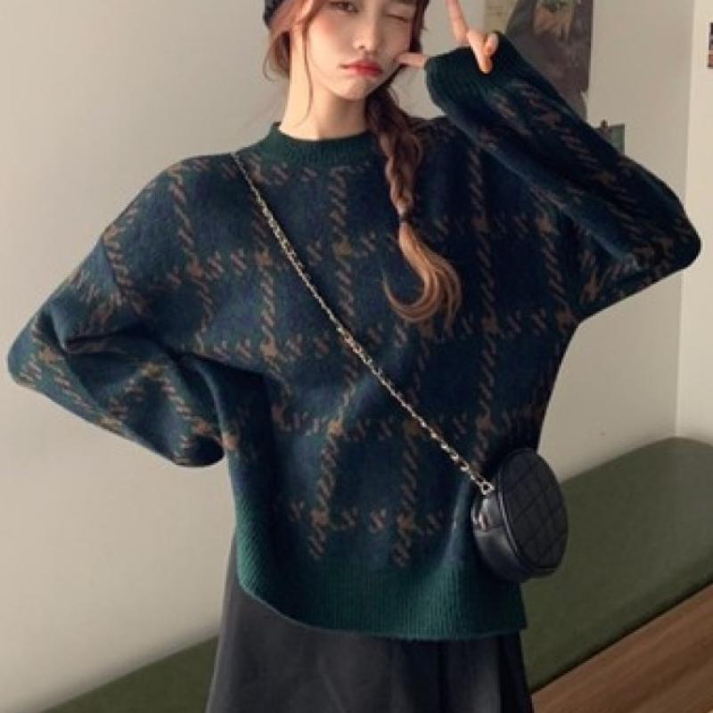 Autumn Winter Houndstooth Knitted Loose Sweater Women Pullover Tops Long Sleeve O Neck Casual Streetwear Women Knitwear Jumpers