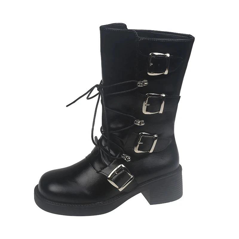 мода Ретро Стиль Женские сапоги до середины голени Модные туфли с пряжкой на ремне Осень — фото 7