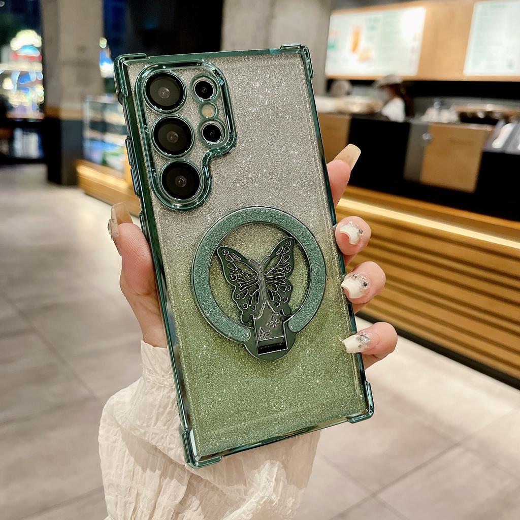 Samsung S25FE Butterfly Flashing Powder Bracket Magnetic Suction Mobile Phone Case Suitable for S24 Four Corner Airbag Anti Fall A06 Protective Case
