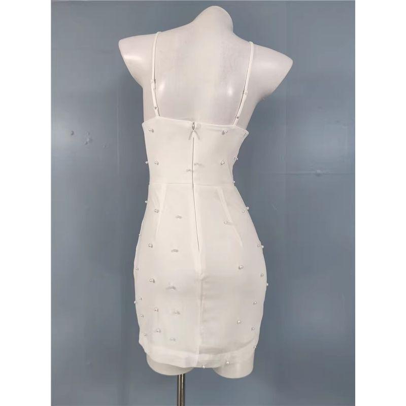 Export Single Lu's Sling Heavy Industry Net Yarn Pearl Slimming and Simple White Sweet Ruffle Hip Elegant Dress