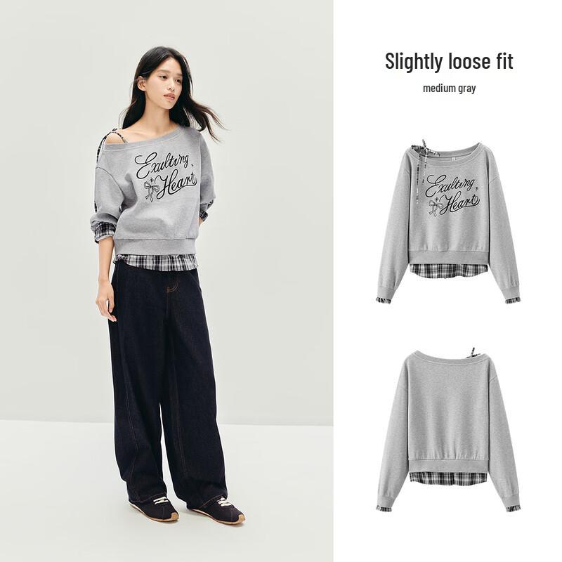 Semir Damen Faux 2-teiliges kariertes Patchwork-Sweatshirt