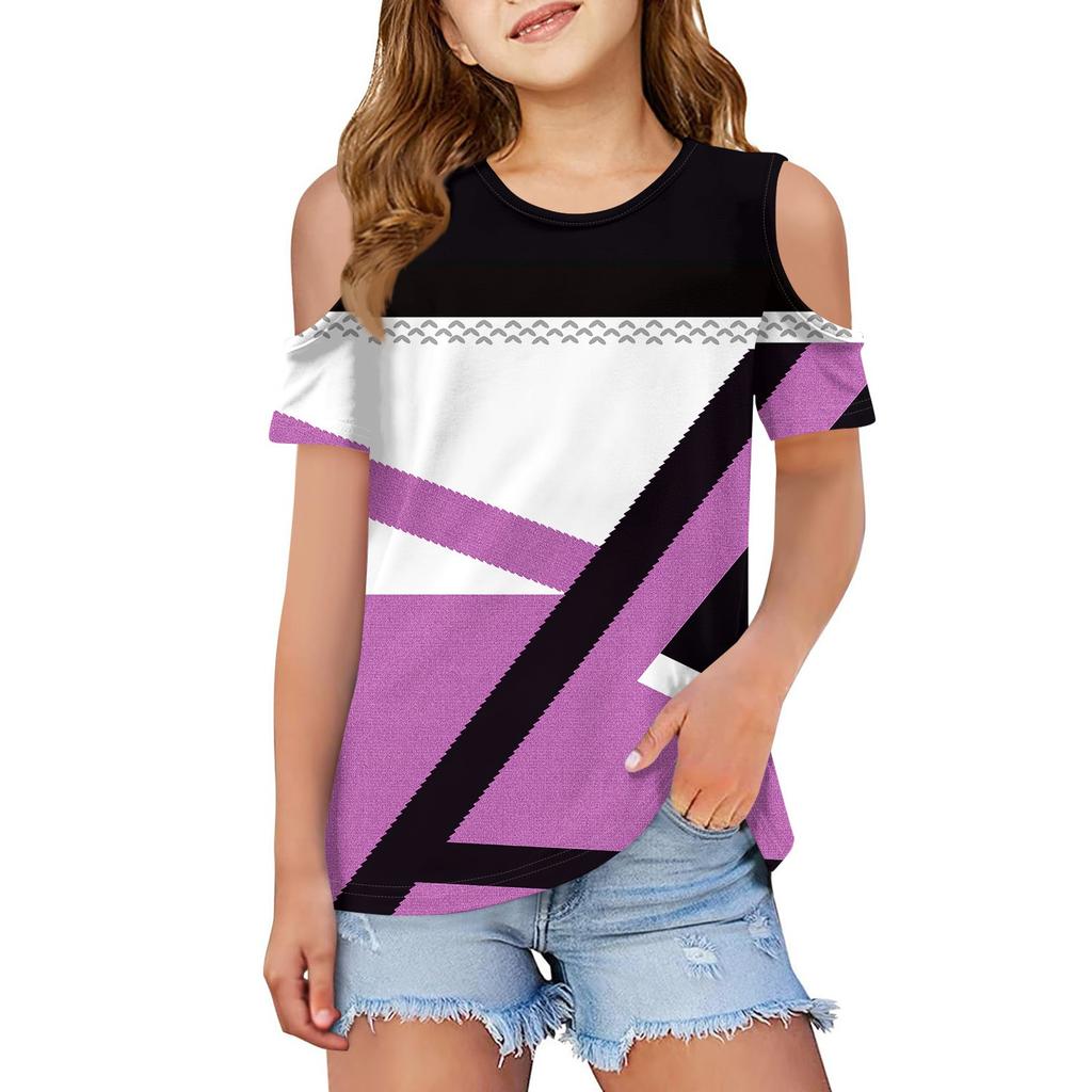 Children Summer Fashion T-shirt Dew Shoulder Round Collar Stripe Leisure Coat