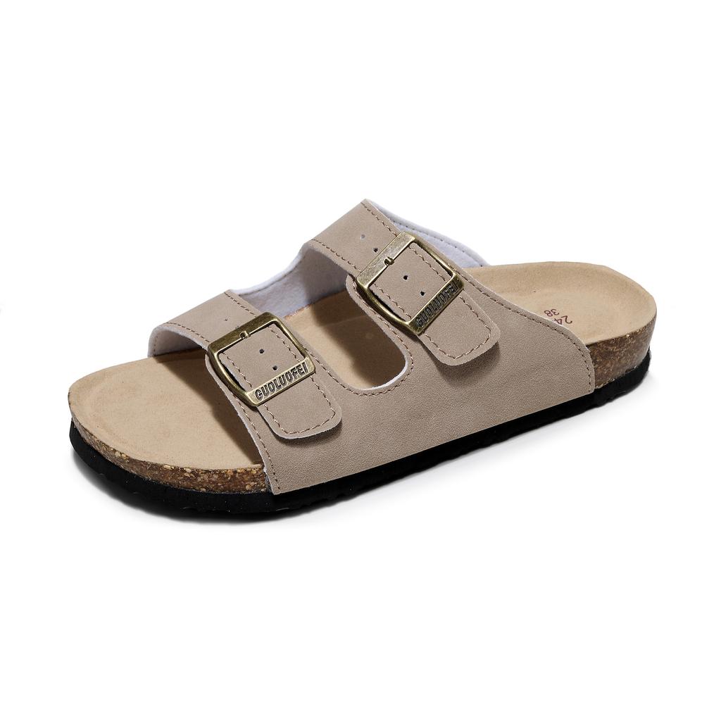Unisex Flat Sandals with Suede Insole, Open Toe Adjustable Slides for Summer Flip Flops ,leather Slippers