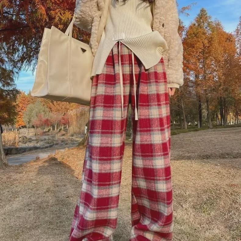 

Женские шерстяные брюки с высокой талией и широкими штанинами в красную клетку на осень/зиму 2023 г. M красный