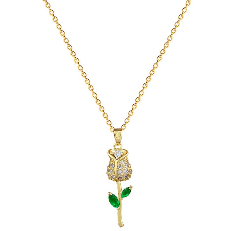 Green Leaf Rose Full Diamond Light Luxury Temperament Gorgeous Full Diamond Necklace Female Versatile Collarbone Chain Titanium Steel