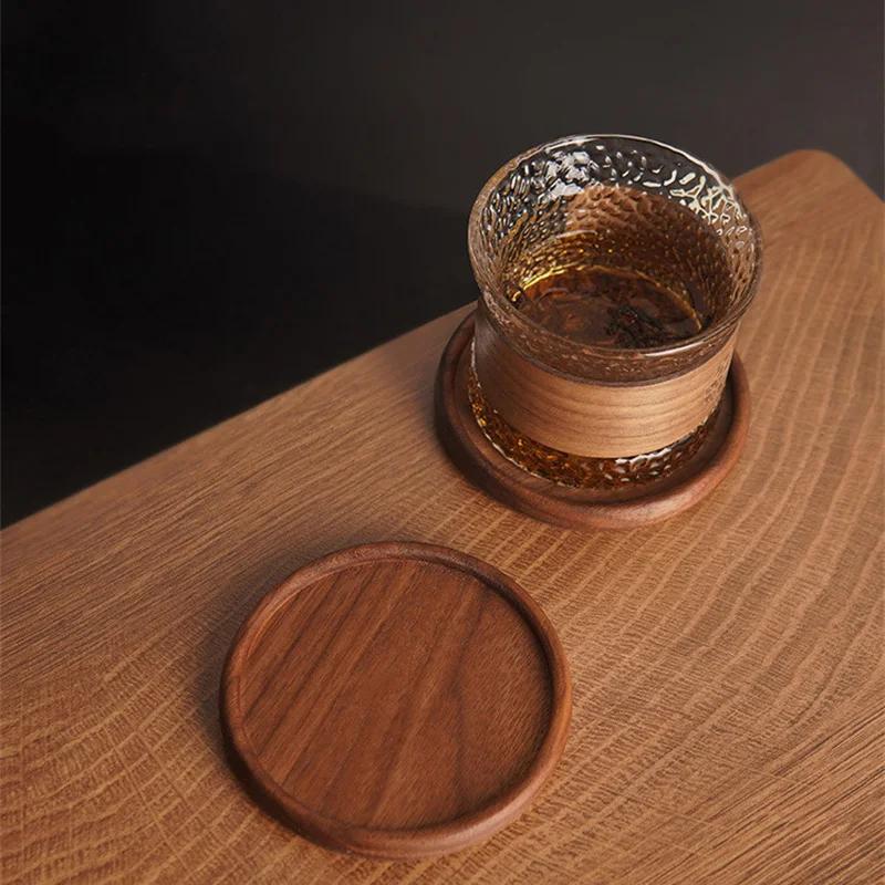 8.8cm Round Wood Coffee Cup Mat Tea Cup Pad Placemats Solid Walnut Wood Coaster Durable Heat Resistant Cup Pad Placemats