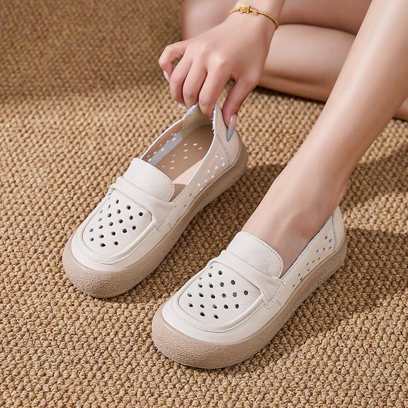 Fashion Genuine Leather Yellow Flats Hollow Out Moccasins Shoes for Women Summer Breathable Loafers Woman Barefoot Slip On Shoes Ladies