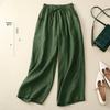 Women's Summer Elastic Waist Tassels Solid Color Casual Pants Loose Wide Leg Pants Cotton Linen Retro Vintage Bohemian Style Nine-Point Wide Leg Pants