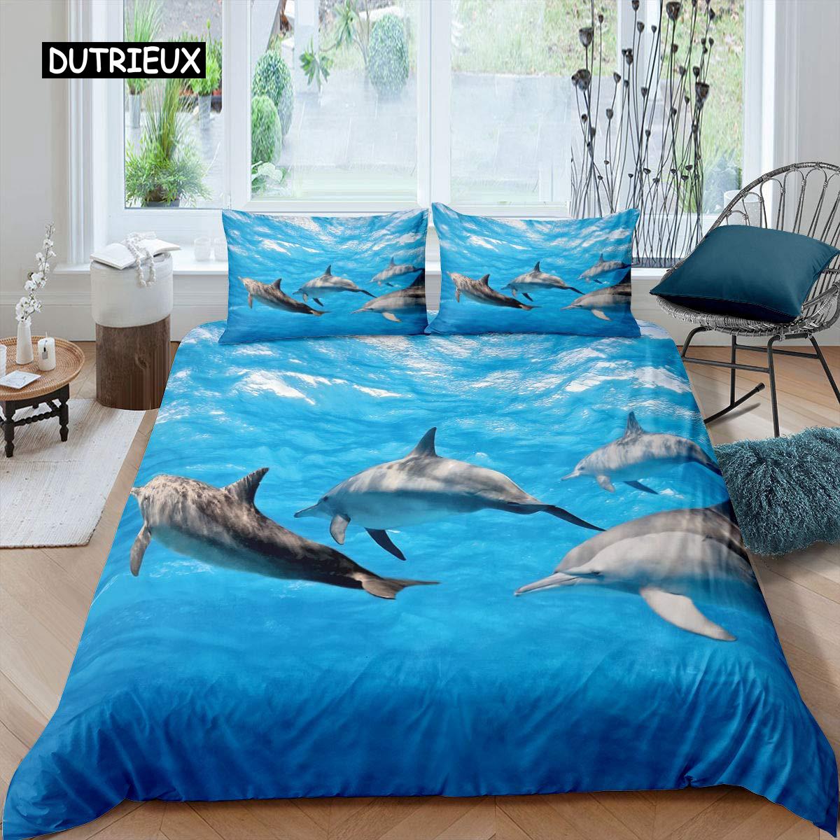 

Детский комплект постельного белья с дельфином, размер King, милый морской дельфин, одеяло, чехол из микрофибры с синим волновым декором, пододеяльник для подростков 140x200cm 3pcs
