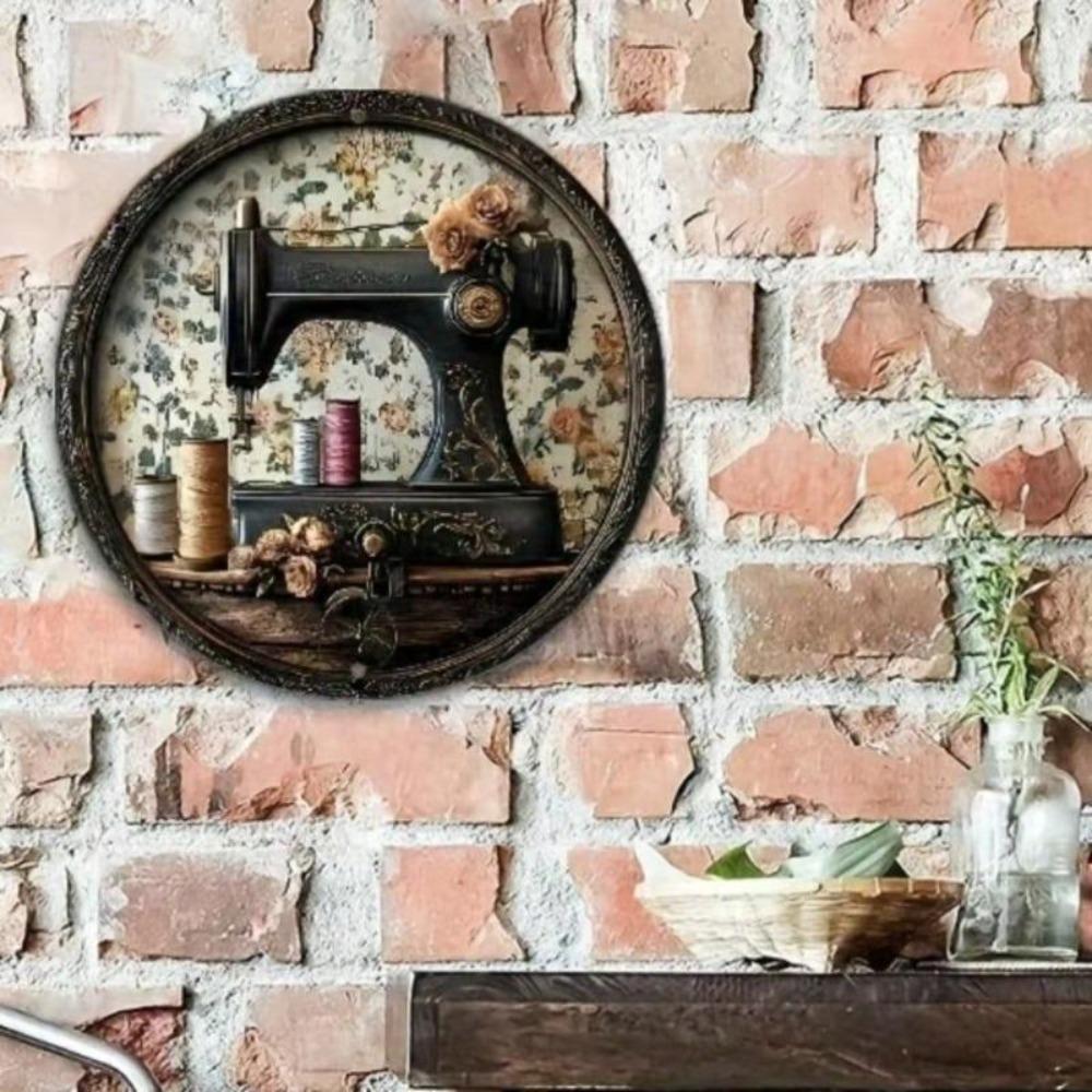 Vintage Sewing Machine Metal Wall Art Sign 8 Inch Round Home Decor Gift