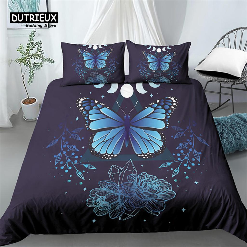 Chic Sun And Moon Duvet Cover 3D Floral Comforter Cover Bohemia Psychedelic Butterfly Bedding Set King Full For Kids Boys Girls