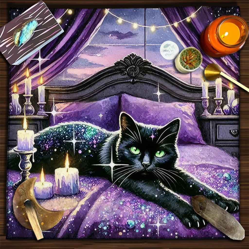 Colorful Mandala Black Cat Altar Cloth Tarot Tablecloth Witchcraft Cat & Moon Starry Sky Divination Cloth Tarot Mat Home Decor