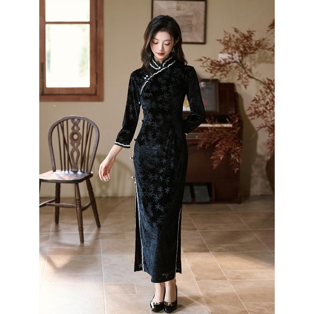 Luo Shibo retro Republic of China style black long-sleeved cheongsam 1011 autumn new slim and thin high-end daily