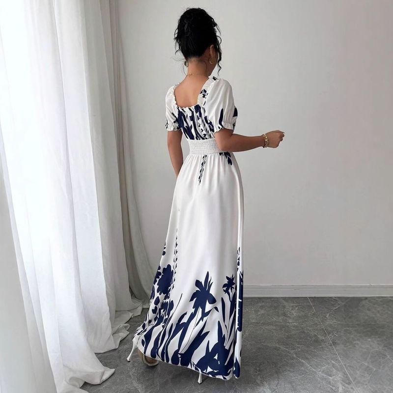 Summer Fashion New Arrival Puff Sleeves High Waist Tight Waist Women's Printed Wear Large Swing Sling Dress