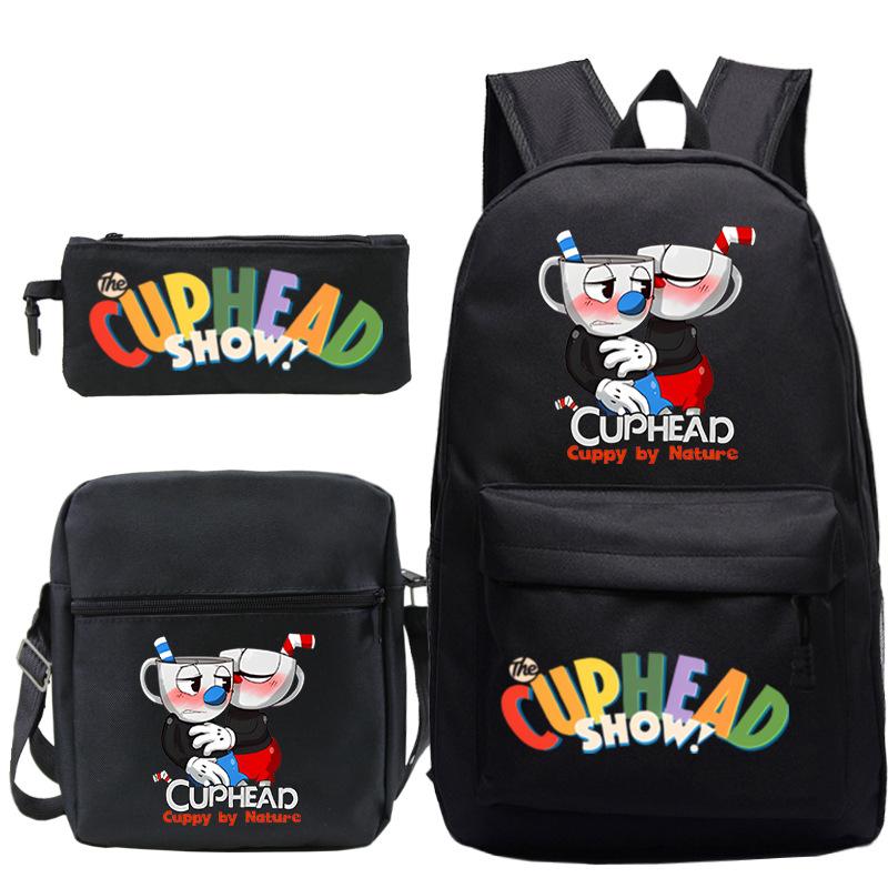 Cartoon Teacup Head Cuphead Student School Bag Backpack Three-piece Set Children's Shoulder Bag Pencil Bag