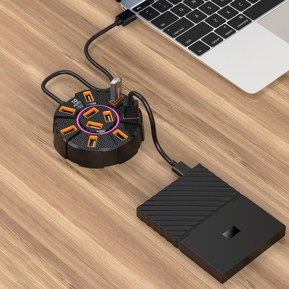 1.2m 10 Ports HUB 7 Colors RGB Backlight USB2.0 Cable Splitter 1 in 10 out Mouse Keyobard Printer Extend Adapter Dock