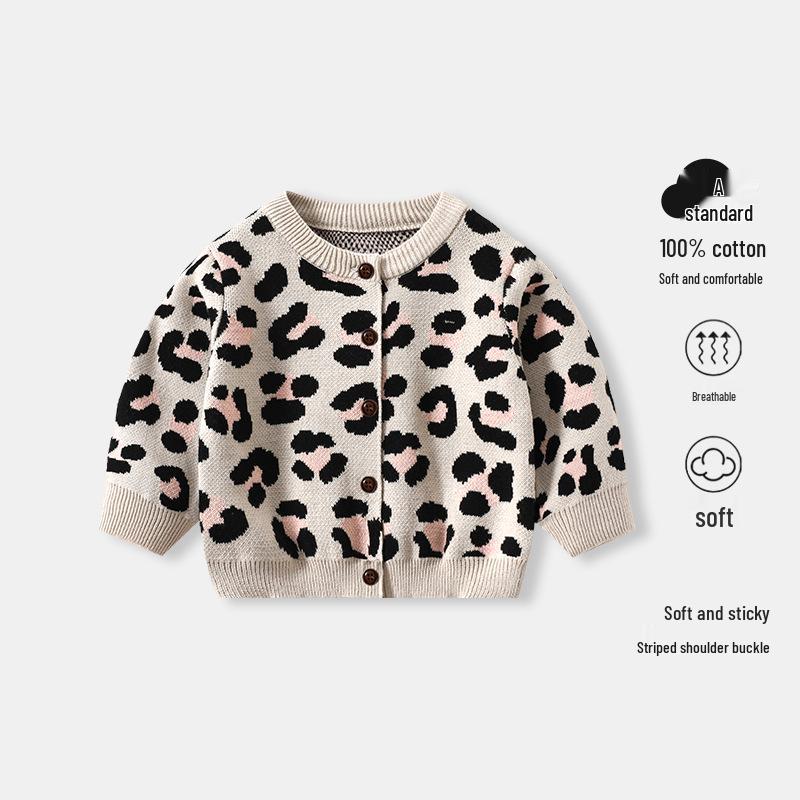 Girls  Stylish Leopard Print Knit Cardigan Sweater - Baby & Little Girl Jacket for Spring & Autumn 2025. 73 cm