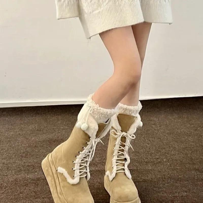 Fashion Shoes for Women 2024 Fashion Lace Up Women's Boots Winter Round Toe Plush Fleece for Warmth Solid High Tube Platform Boots