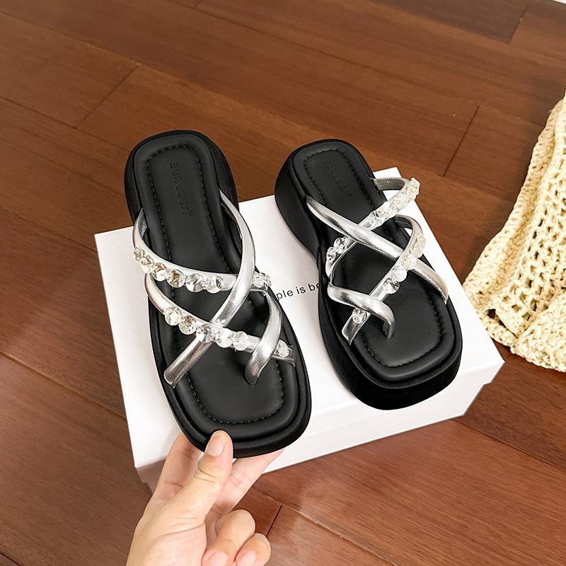 Silver slippers women's new summer wear exquisite one-word drag thick-soled heightening skirt shoes