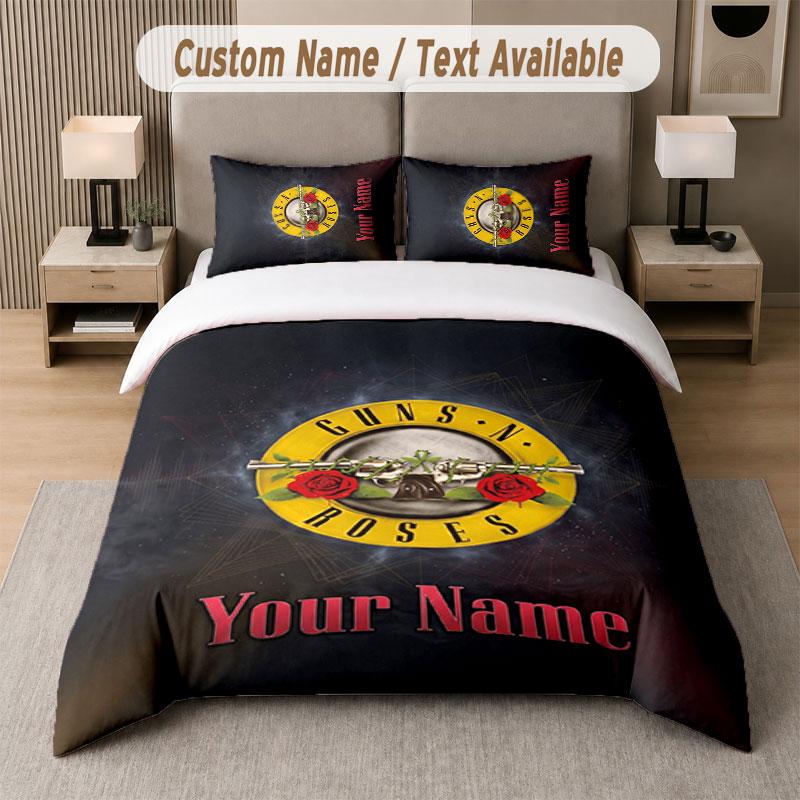 Custom Bedding Set Guns N’ Roses Pattern, Print Name Text 1 Duvet Cover plus 2 Pillowcases Home Textile