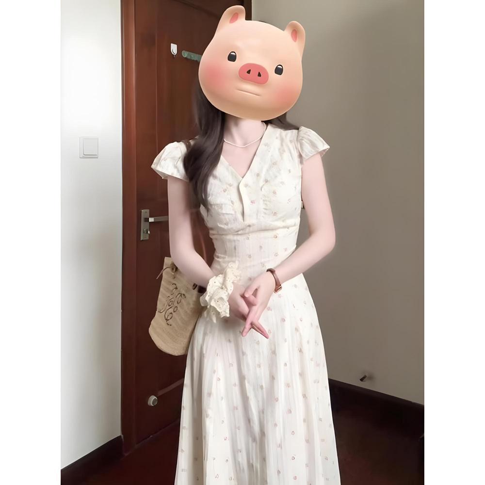V-neck Floral Dress Women's Summer New Temperament Vacation Style Waist Thin a Word Long Skirt