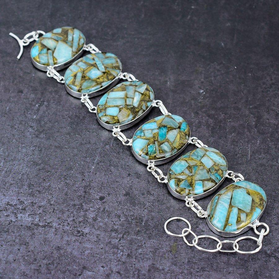 Copper Amazonite Gemstone 925 Sterling Silver Gift Jewelry Bracelet 7-8"