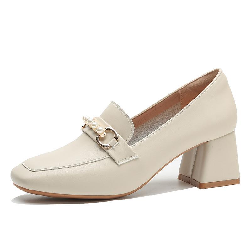 

Simple Office Wear Soft and Innocent Leather Single Shoes 6 Cm Heel Tall Spring and Autumn Square Head Mary Pearl Diamond-inlaid Women s Shoes 35