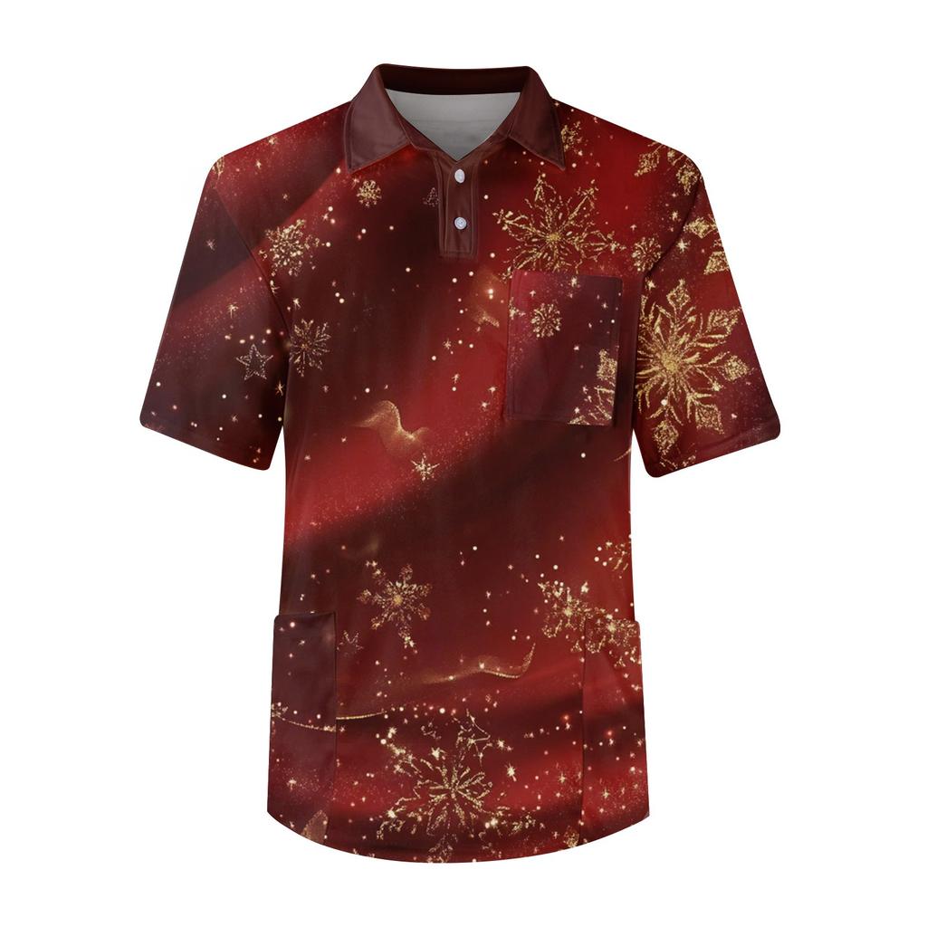 Men's Short Sleeve Button Lapel Christmas Prints Chest Pocket Dry-nurse Top