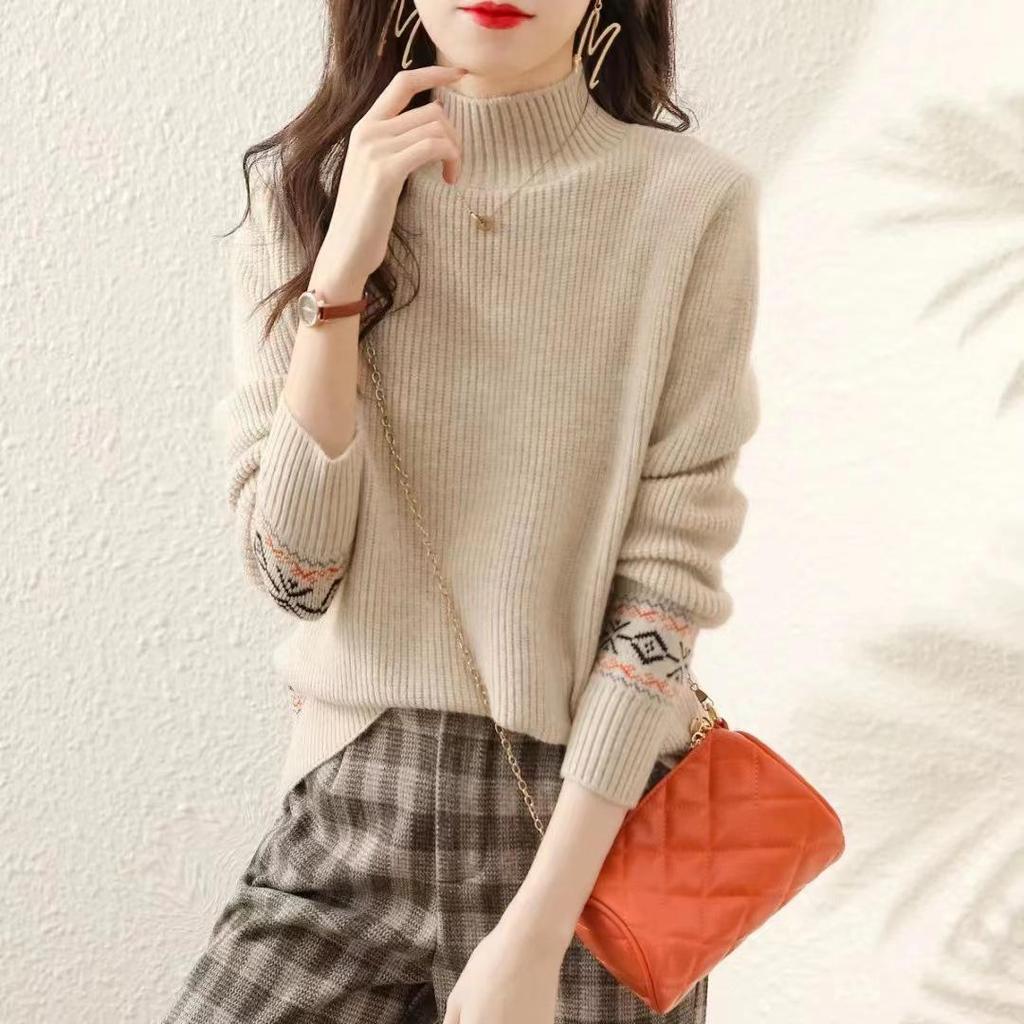 Autumn/Winter Ethnic Style Jacquard Loose Sweater with Half-High Collar for Women - Trendy Casual Outerwear & Base Layer