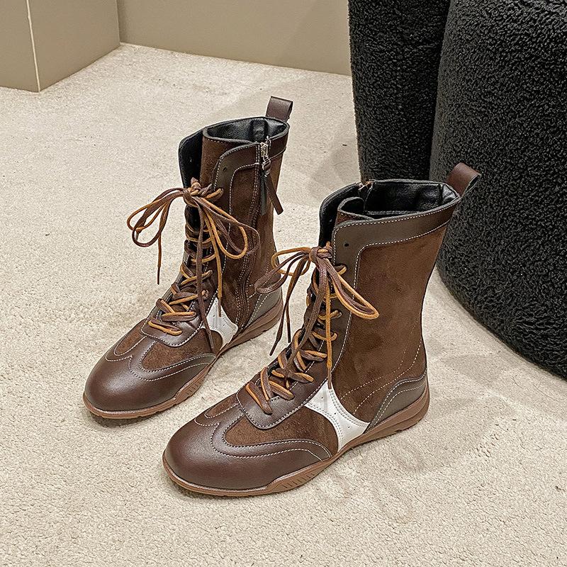 Wasteland Wind Soft Leather Women's Boots 2025 Summer Boxing Boots Women's Medium Tube Thick-soled High-top Casual Tooling Martin Boots Women's Tide