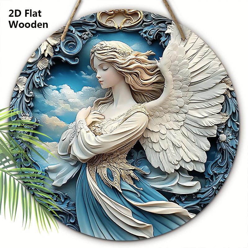 

Красивая деревянная табличка «Ангел» - Художественное круглое украшение «Ангел» для декора на дверь или стену 20cm/7.87in синий