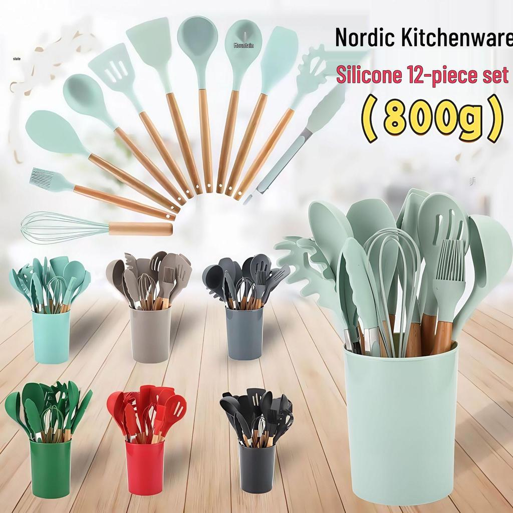 12-Piece Non-Stick Silicone Kitchen Utensil Set with Wooden Handles - High-Temperature Resistant Spoons and Spatulas