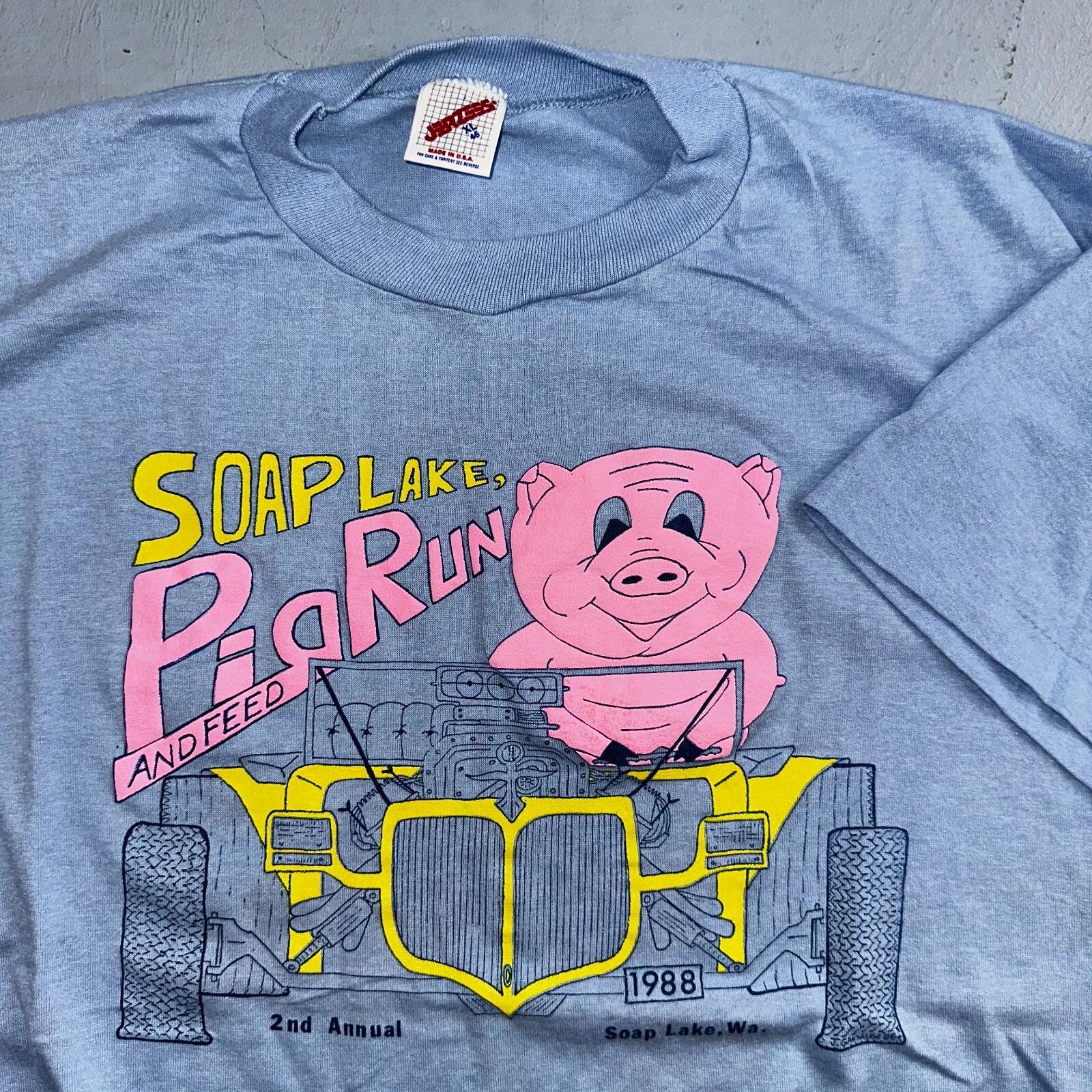 

Pig Run and Feed 80s VTG T Shirt 1988 Cute Fun Graphic Racing Cars Soap Lake WA XL