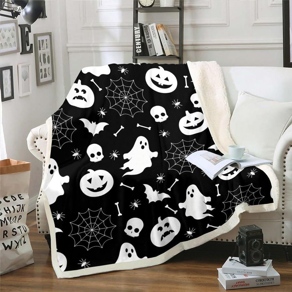 Halloween Ghost Blanket Soft Fleece Throw Pumpkin Spider Web Design Home Decor Party Gift Kids Room