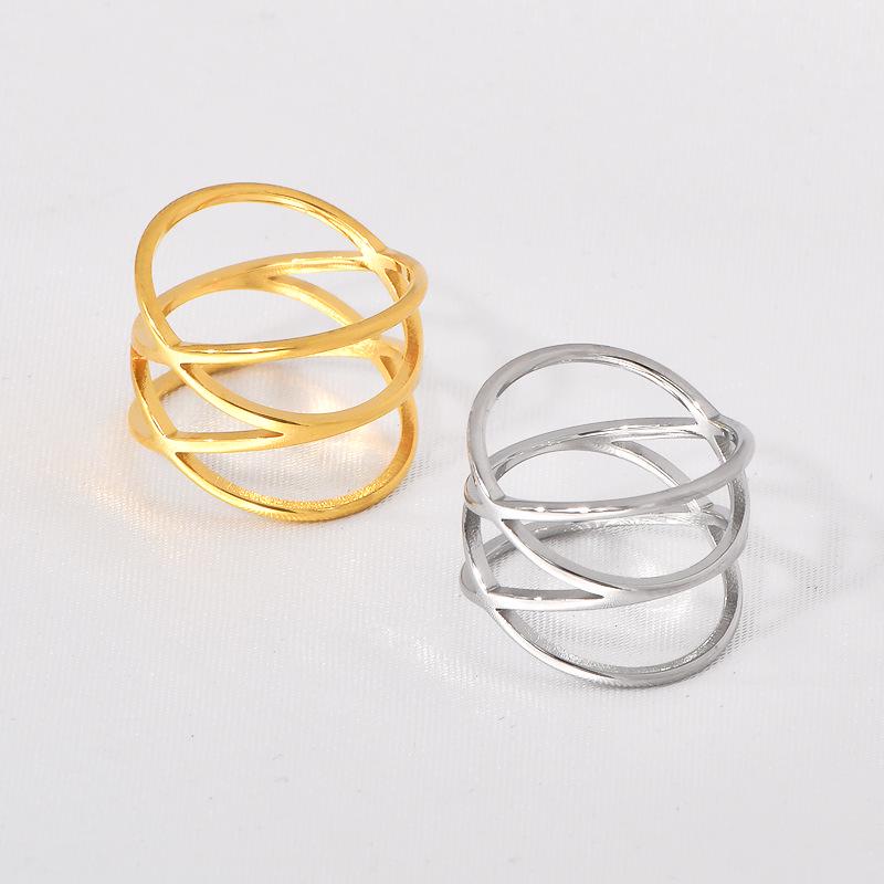 Stainless Steel Women's Double Crossover Ring Band with Cutout Design