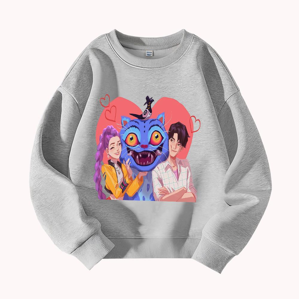 KPop Demon Hunter Cute Cartoon Cat Couple Print Round Neck Loose Pullover Sweatshirt for Men Women