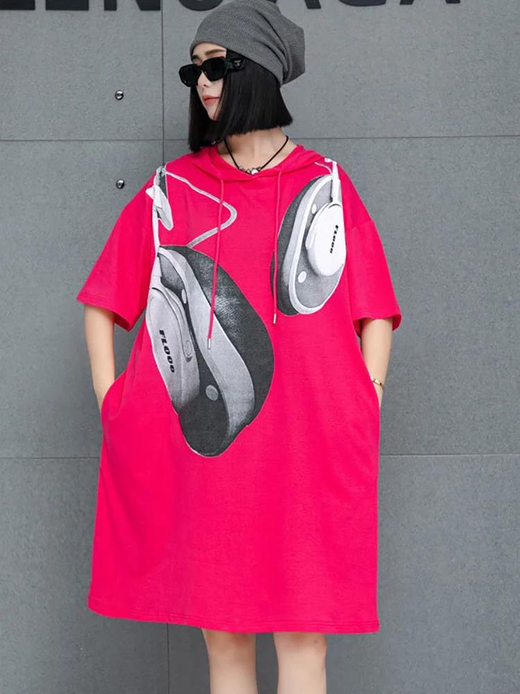 Xitao Print Hooded Pocket Contrast Color Dress GMM1191