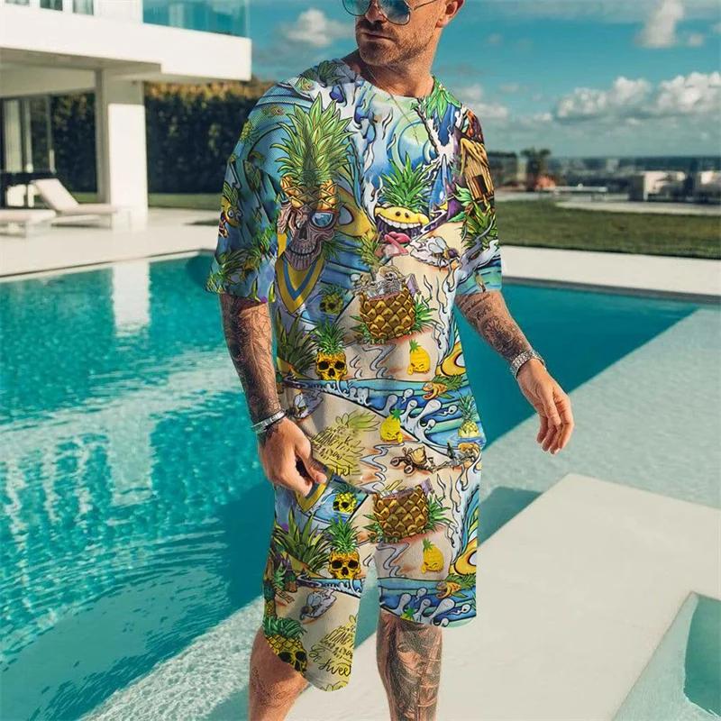 Summer Men's T Shirts+Shorts 2PCS Outfits Casual Holiday Style Shorts Sets 3D Print Cool Clothes Fashion O-Neck Beach Tracksuit
