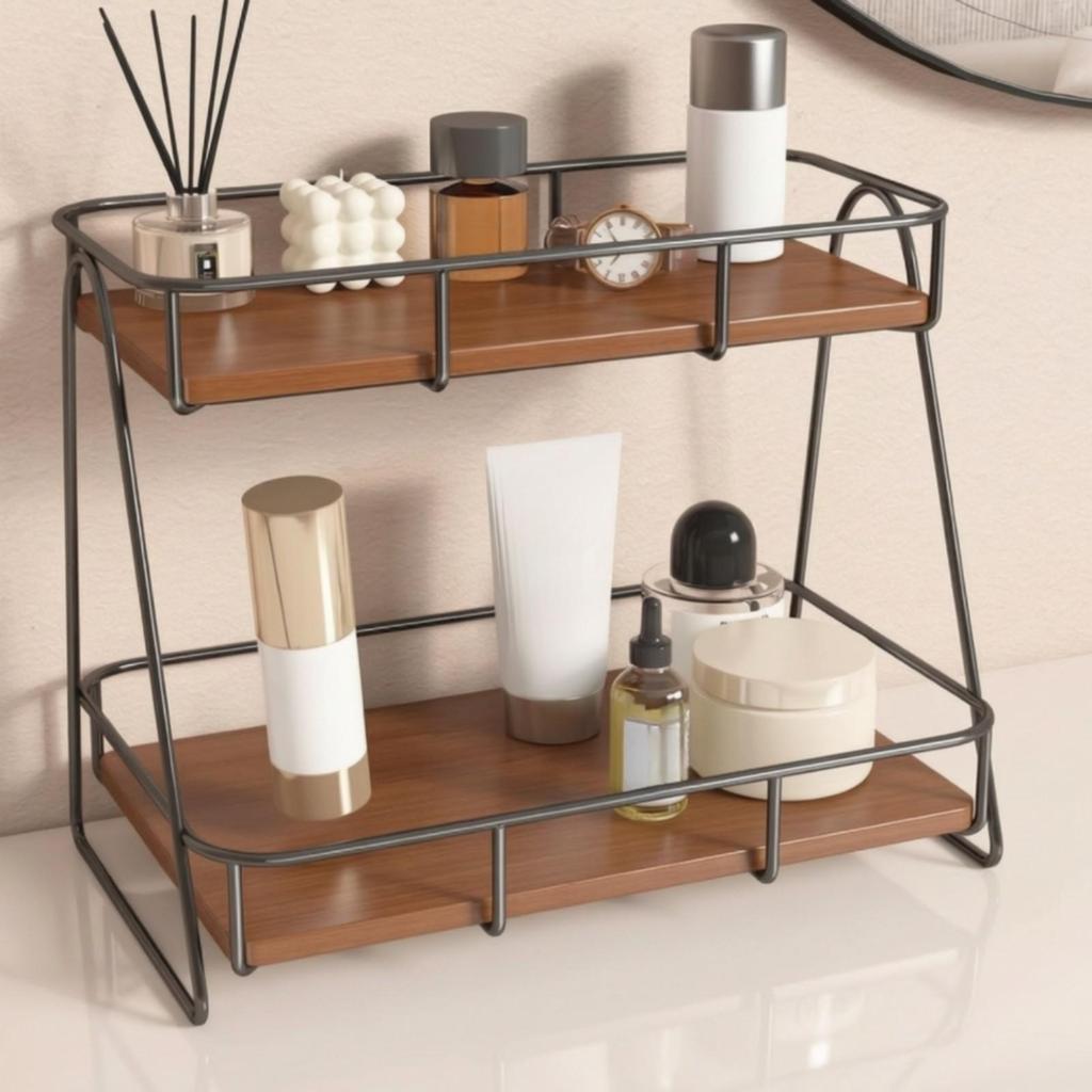 Two-Tier Desktop Storage Rack storageSaving Iron and Wood Shelf Organizer