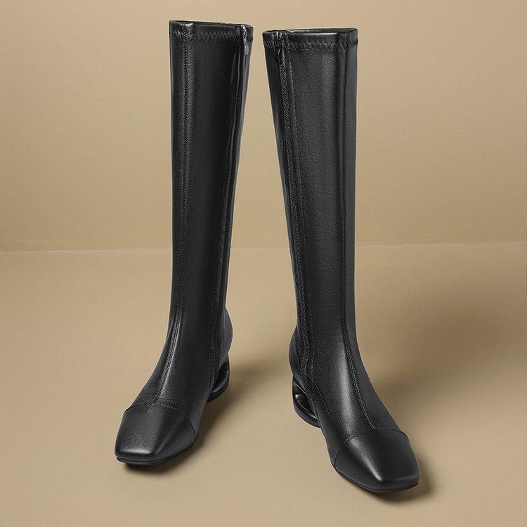 Square Toe Women's Long Boots 2026 Autumn Winter New Large Size Fashion Side Zipper Knight Boots Comfortable Chunky Heel Shoes