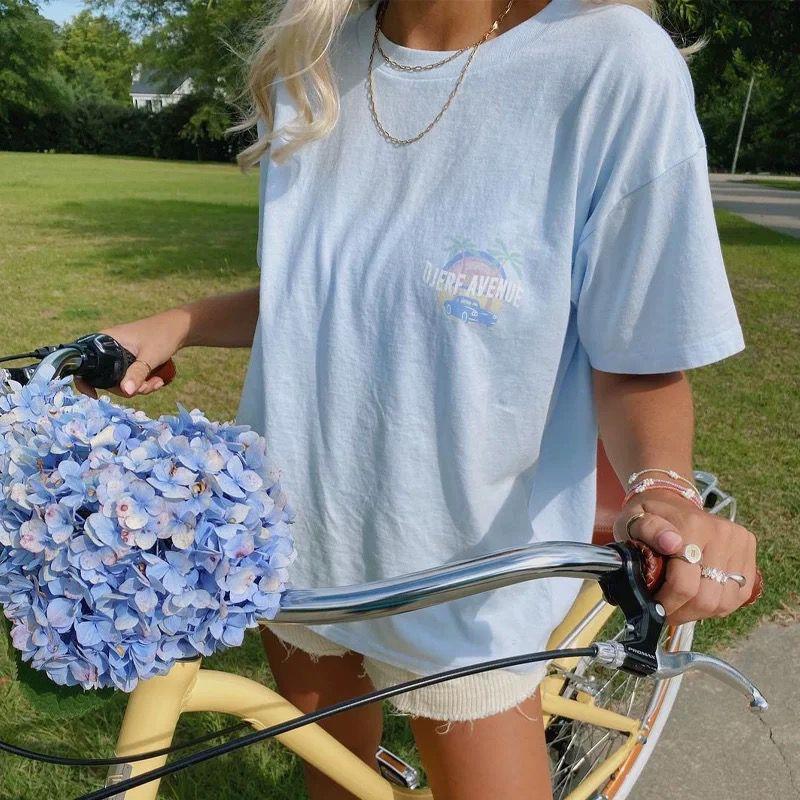 American vintage Ins Niche Design Sense Coconut Tree Rainbow Letters Print Light Blue Pure Cotton Short sleeve T-shirt Women
