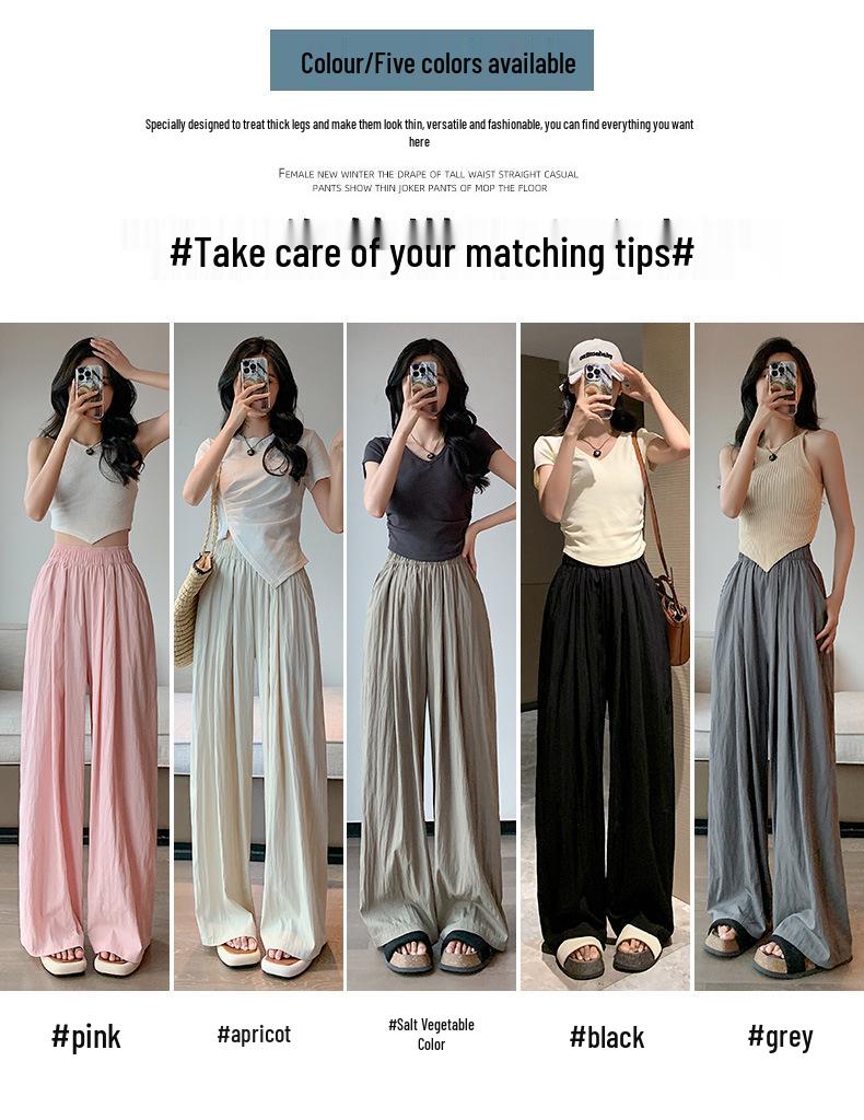 Women's Summer Blue Wide-Leg Ice Silk Pants - Casual Pleated Zen Style