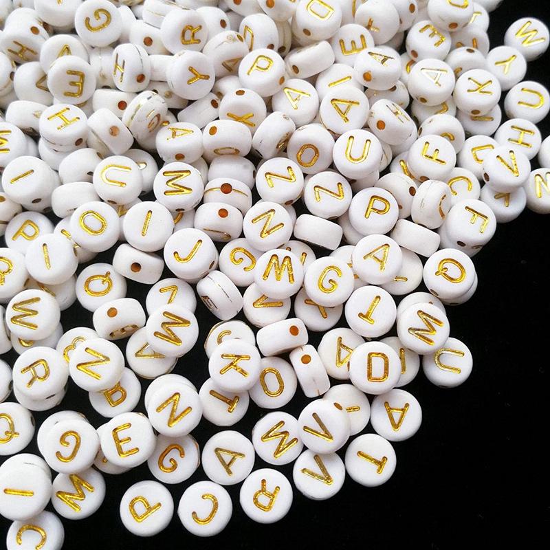 Acrylic Alphabet Beads: 4x7MM White Background with Gold Letters for DIY Jewelry and Crafts