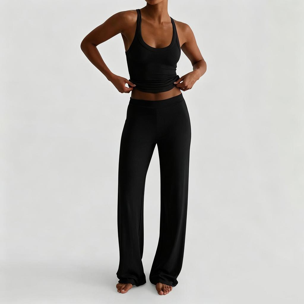 Women's Solid Color Sports Yoga Tank Top and Wide Leg Pants Two Piece Set Stretchy Comfortable Fit