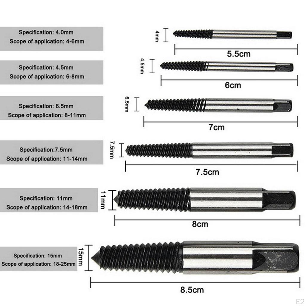 Juego de 6 extractores de tornillos Removedor de pernos rotos Cabezal de tubería de agua Práctico para uso industrial