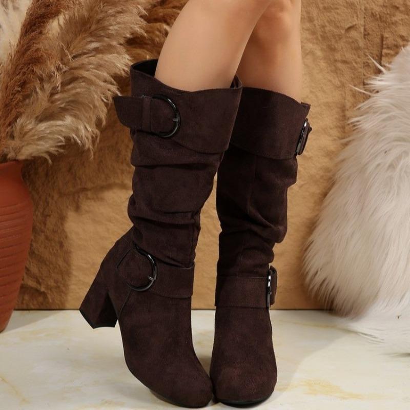 Autumn and winter new long boots for women, but mid-knee boots, suede high-heeled belt buckle for women's boots